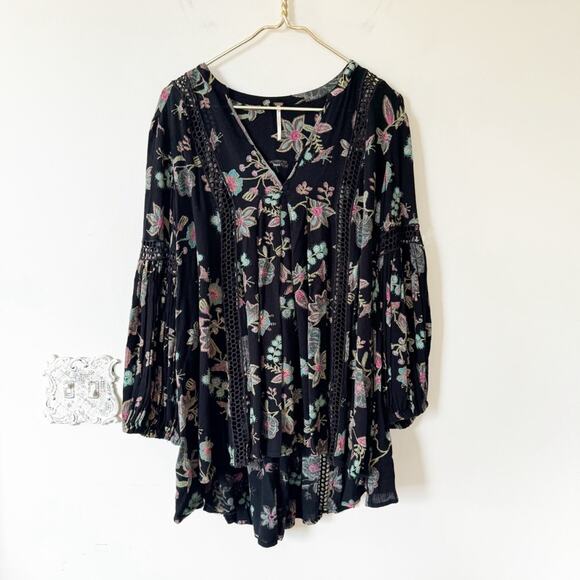 Free People Just the Two of Us Boho Crochet Lace Black and Pink Floral Tunic S - Picture 10 of 12